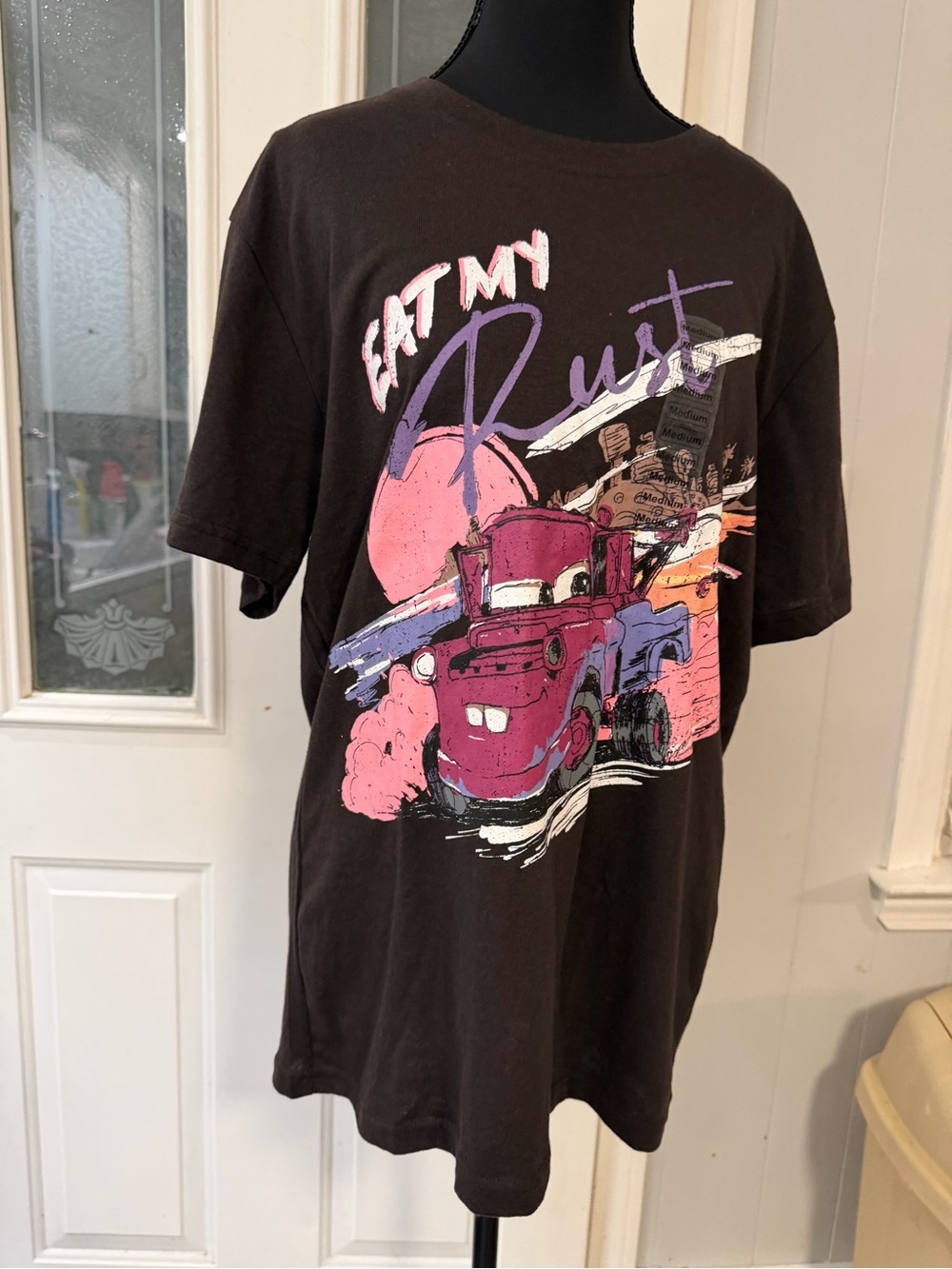 Multiples Black Graphic Tee with Pink & Purple Print